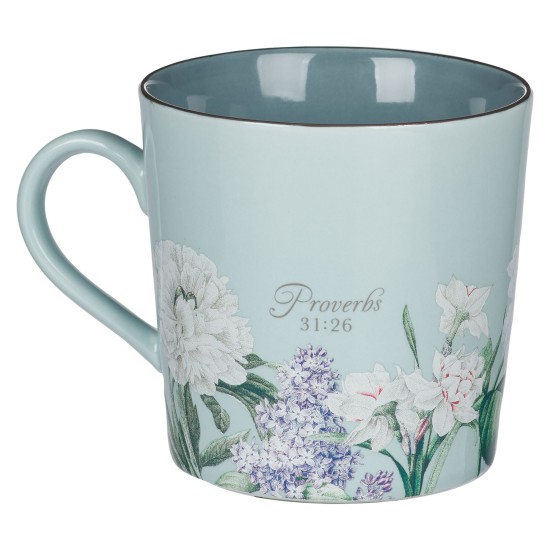 She Speaks with Wisdom Blue Floral Ceramic Coffee Mug - Proverbs 31:26