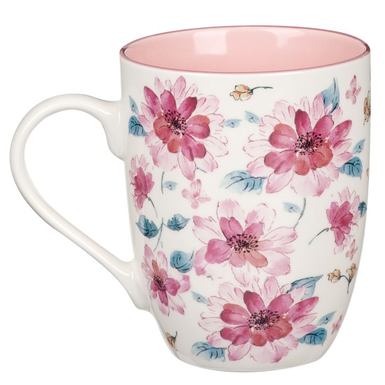 Strength and Dignity Pink Floral Ceramic Coffee Mug - Proverbs 31:25
