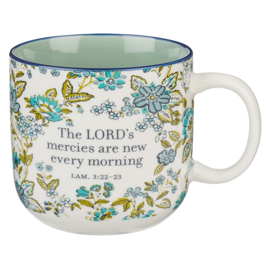 Morning Mercies Blue and Green Floral Ceramic Coffee Mug - Lamentations 2:22-23