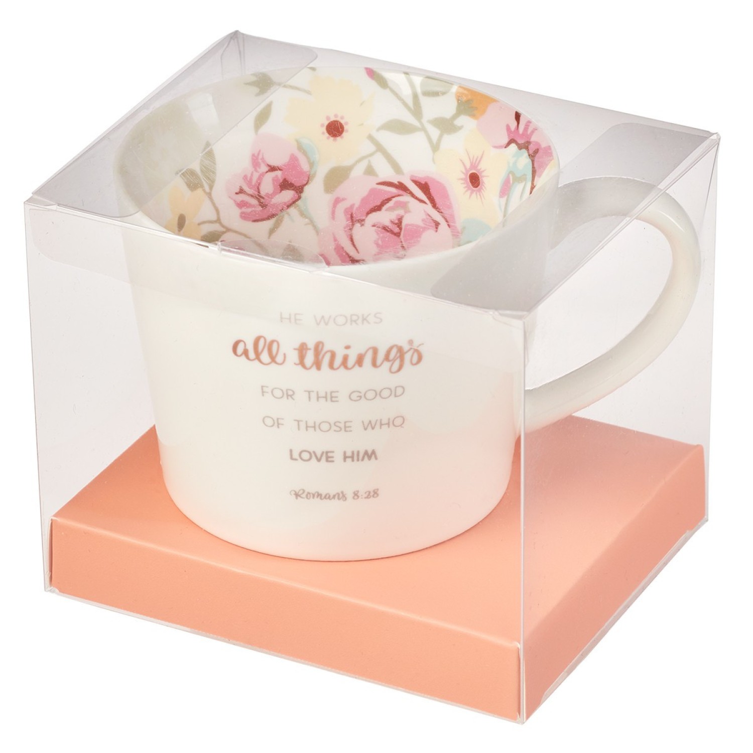 Tazza Da Caffè Cristiana Romans 8:28 – 390 Ml, Ceramica Bianca, Con Scritta Dorata E Rosa Interna, Confezione Regalo
