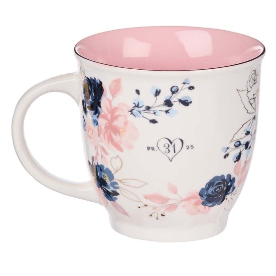 Strength & Dignity Pink and Blue Floral Ceramic Coffee Mug – Proverbs 31:25