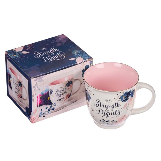 Strength & Dignity Pink and Blue Floral Ceramic Coffee Mug – Proverbs 31:25