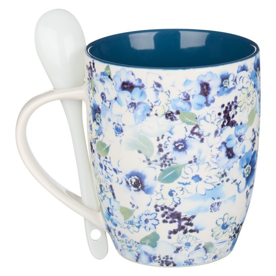 Saved by Grace Blue Floral Ceramic Coffee Mug with Spoon - Ephesians 2:8