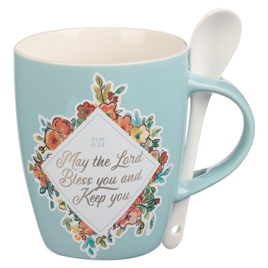 Bless You and Keep You Teal Ceramic Coffee Mug with Spoon - Numbers 6:24 Bless You and Keep You Teal Ceramic Coffee Mug with Spoon - Numbers 6:24