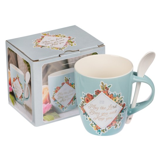 Bless You and Keep You Teal Ceramic Coffee Mug with Spoon - Numbers 6:24