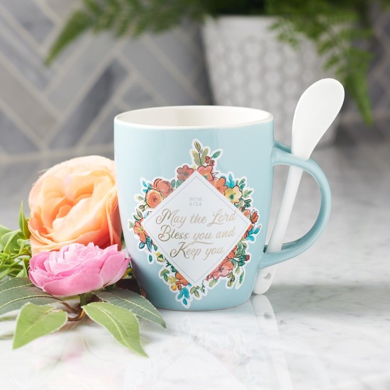 Bless You and Keep You Teal Ceramic Coffee Mug with Spoon - Numbers 6:24 Bless You and Keep You Teal Ceramic Coffee Mug with Spoon - Numbers 6:24