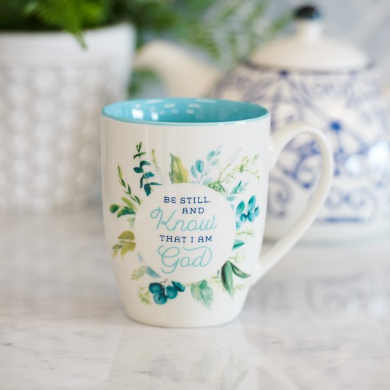 Be Still and Know Teal Floral Ceramic Coffee Mug - Psalm 46:10 Be Still and Know Teal Floral Ceramic Coffee Mug - Psalm 46:10