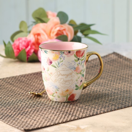 Strength and Dignity Pastel Floral Ceramic Coffee Mug - Proverbs 31:25
