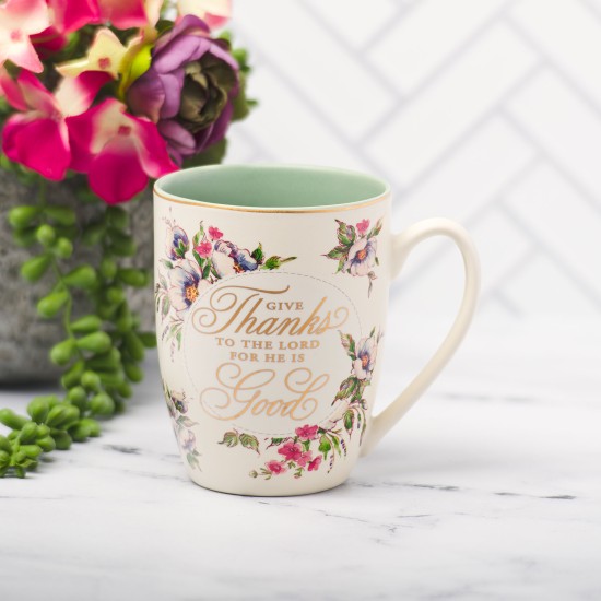 Give Thanks to the Lord White Ceramic Coffee Mug - Psalm 107:1