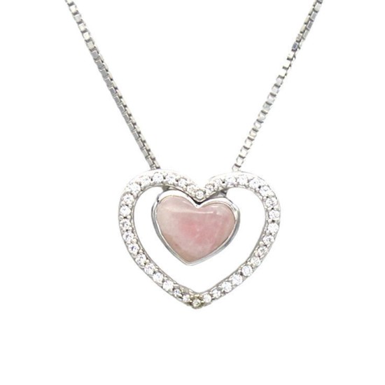 Pink Rose Quartz and CZ with 925 Sterling Silver, 2-in-1 Combination Heart Necklace