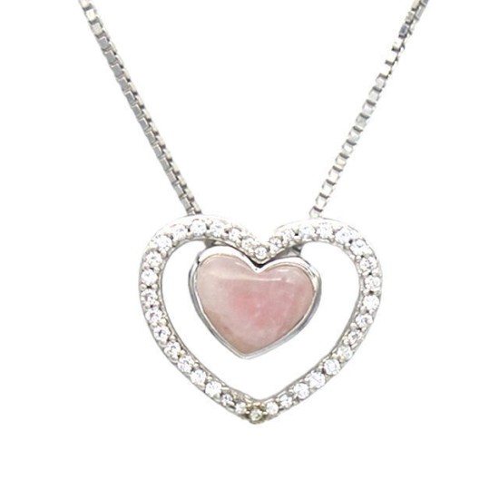 Pink Rose Quartz and CZ with 925 Sterling Silver, 2-in-1 Combination Heart Necklace Pink Rose Quartz and CZ with 925 Sterling Silver, 2-in-1 Combination Heart Necklace