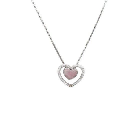 Pink Rose Quartz and CZ with 925 Sterling Silver, 2-in-1 Combination Heart Necklace
