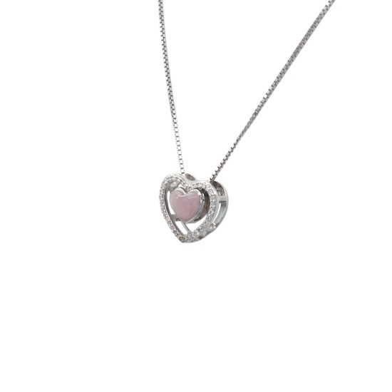 Pink Rose Quartz and CZ with 925 Sterling Silver, 2-in-1 Combination Heart Necklace