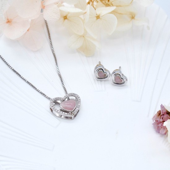 Pink Rose Quartz and CZ with 925 Sterling Silver, 2-in-1 Combination Heart Necklace