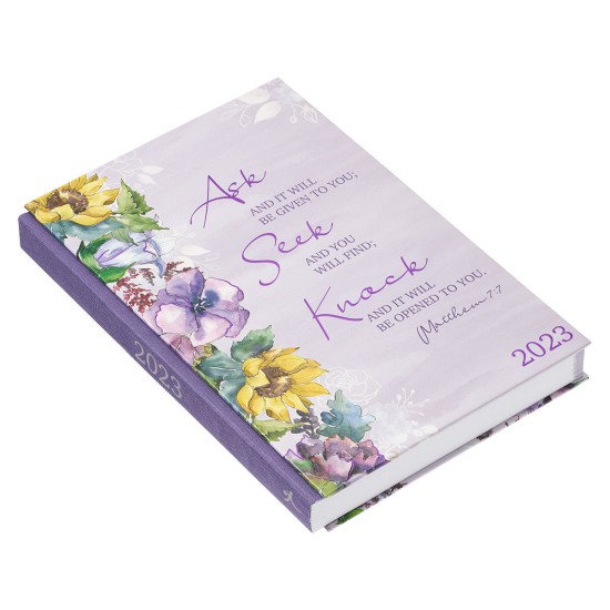 2023 Ask Seek Knock Purple Floral Quarter-bound Hardcover Daily Planner - Matthew 7:7 2023 Ask Seek Knock Purple Floral Quarter-bound Hardcover Daily Planner - Matthew 7:7