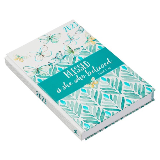 2023 Blessed is She Teal Butterfly Quarter-bound Hardcover Daily Planner - Luke 1:45