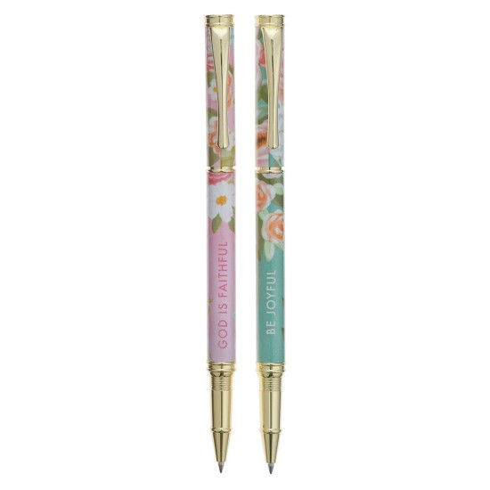 Joyful and Faithful Pink and Green Floral Pen Set