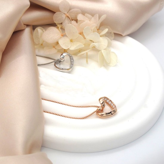 925 Sterling Silver Infinity Love Open Heart with Crystal CZ on SidePendant Necklace (Color: Rhodium)