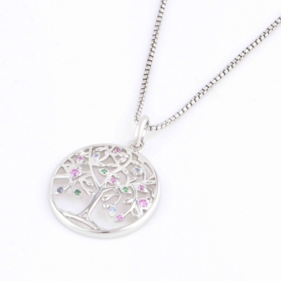 JM 925 Sterling Silver Life of Tree CZ Necklace (Rhodium)