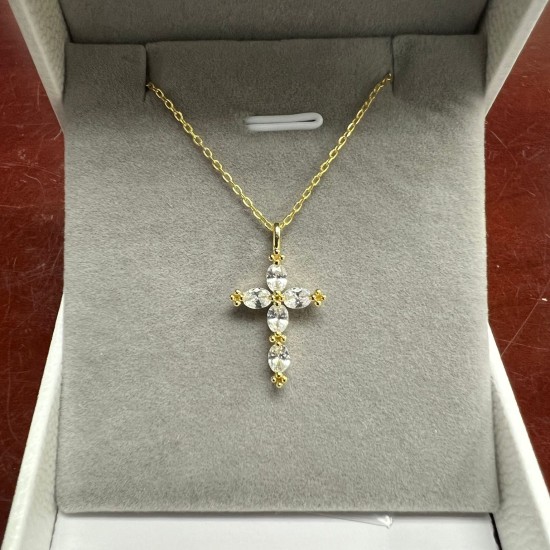 925純銀讓馬眼鋯石小十字架頸鏈 (Gold)