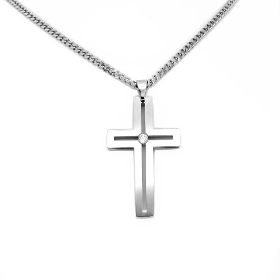 十字架頸鏈 - JM Simple Hollow Inlaid with CZ Cross Stainless Steel Necklace