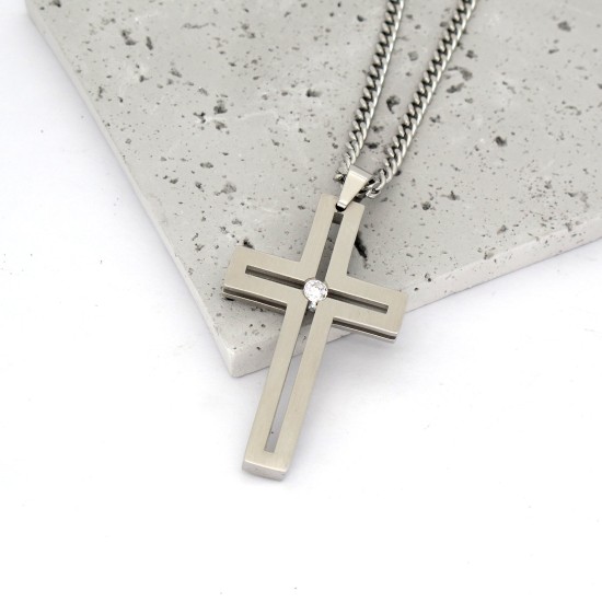 十字架頸鏈 - JM Simple Hollow Inlaid with CZ Cross Stainless Steel Necklace