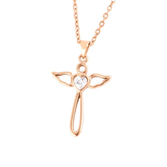 JM Angel Wings Cross with CZ Necklace (Rose Gold)