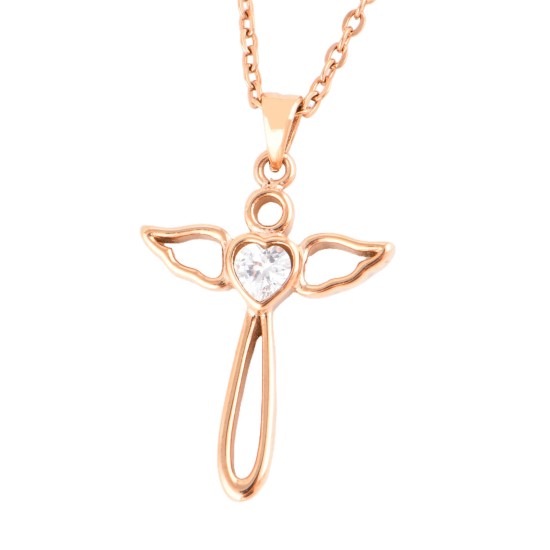 JM Angel Wings Cross with CZ Necklace (Rose Gold)