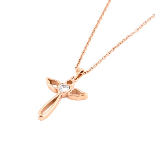 JM Angel Wings Cross with CZ Necklace (Rose Gold)