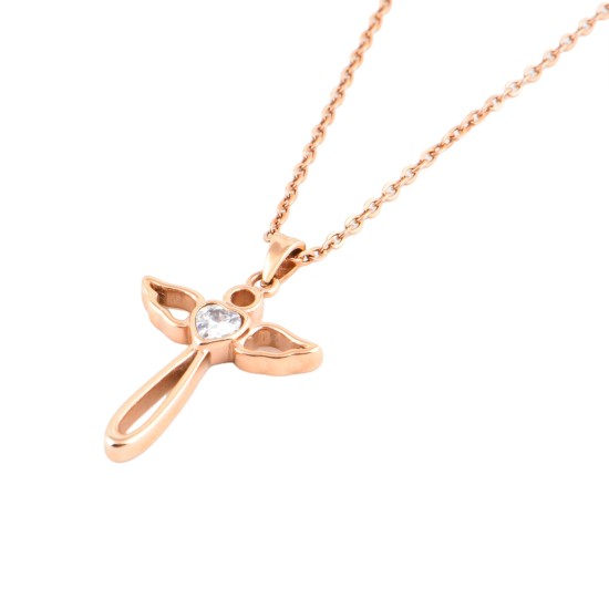 JM Angel Wings Cross with CZ Necklace (Rose Gold)