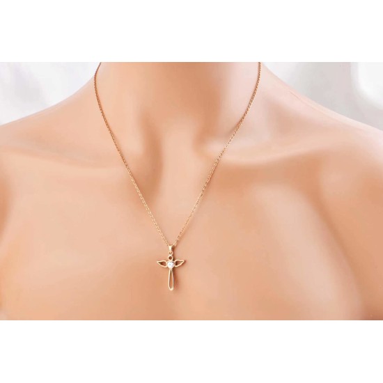 JM Angel Wings Cross with CZ Necklace (Rose Gold)