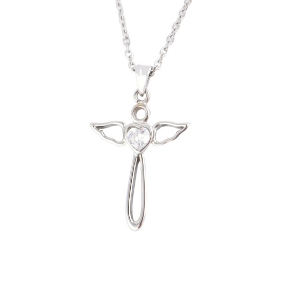 JM Angel Wings Cross with CZ Necklace (Silver)