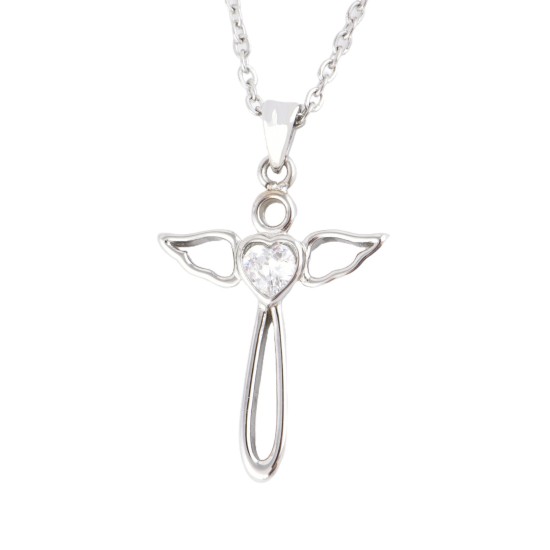 JM Angel Wings Cross with CZ Necklace (Silver)