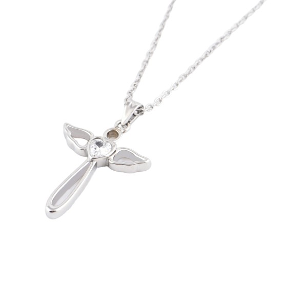 JM Angel Wings Cross with CZ Necklace (Silver)