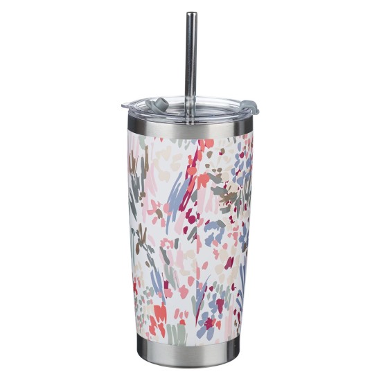 White Floral Everything Beautiful Stainless Steel Tumbler with Reusable Stainless Steel Straw - Ecclesiastes 3:11