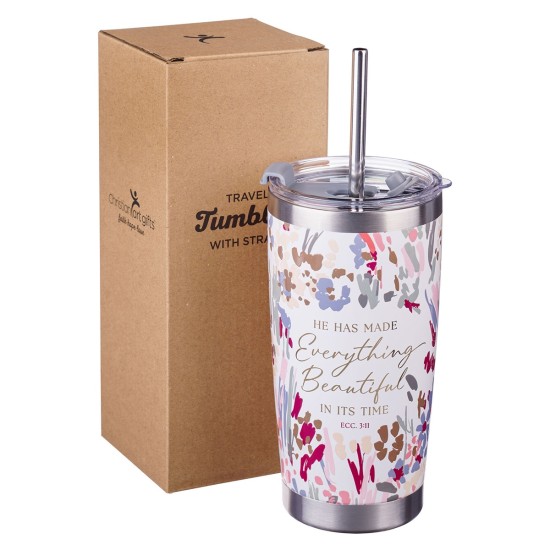 White Floral Everything Beautiful Stainless Steel Tumbler with Reusable Stainless Steel Straw - Ecclesiastes 3:11 White Floral Everything Beautiful Stainless Steel Tumbler with Reusable Stainless Steel Straw - Ecclesiastes 3:11