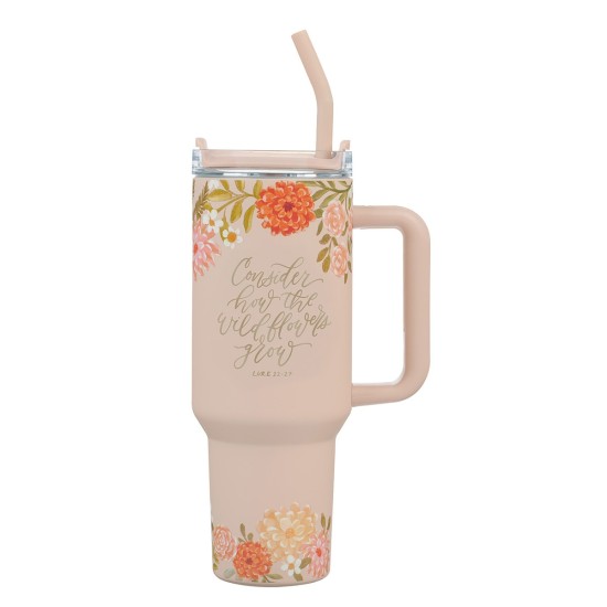 Consider the Wildflowers 40 oz Peach Stainless Steel Tumbler with Reusable Straw - Luke 12:27 Consider the Wildflowers 40 oz Peach Stainless Steel Tumbler with Reusable Straw - Luke 12:27