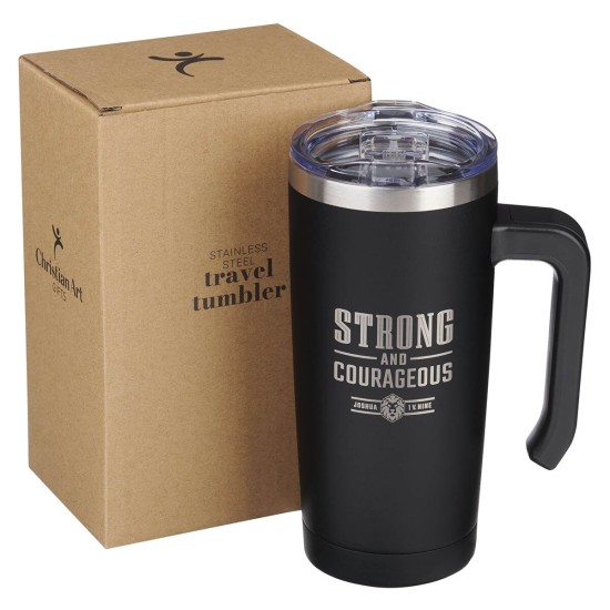 Strong and Courageous Black Stainless Steel Travel Mug with Handle - Joshua 1:9