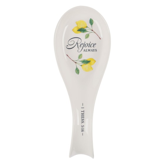 Rejoice Always White Lemon Ceramic Spoon Rest - 1 Thessalonians 5:16