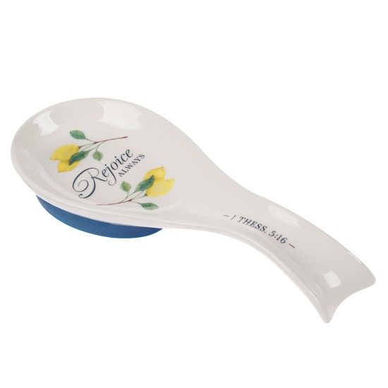 Rejoice Always White Lemon Ceramic Spoon Rest - 1 Thessalonians 5:16