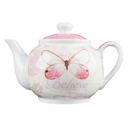 Believe Pink Butterfly Blessings Tea Pot - Mark 9:23 Believe Pink Butterfly Blessings Tea Pot - Mark 9:23