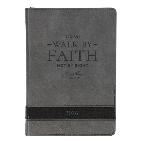 2026 Walk by Faith Gray Faux Leather Executive Planner with Zipper Closure - 2 Corinthians 5:7