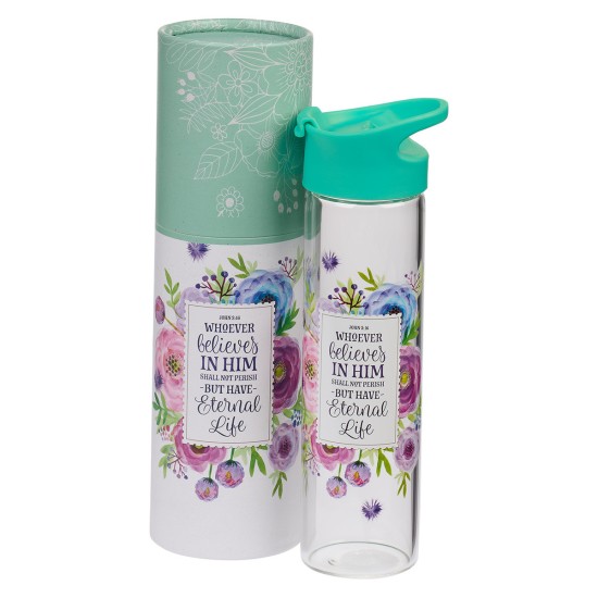 Turquoise Whoever Believes in Him Glass Water Bottle - John 3:16 Turquoise Whoever Believes in Him Glass Water Bottle - John 3:16