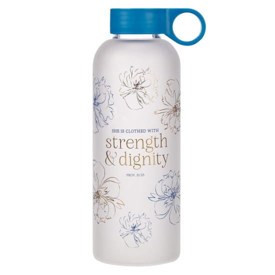 Strength and Dignity Blue Floral Glass Water Bottle - Proverbs 31:25 Strength and Dignity Blue Floral Glass Water Bottle - Proverbs 31:25