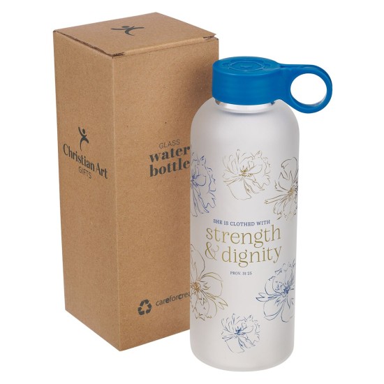 Strength and Dignity Blue Floral Glass Water Bottle - Proverbs 31:25 Strength and Dignity Blue Floral Glass Water Bottle - Proverbs 31:25