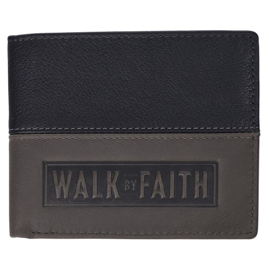 Walk by Faith Black and Gray Full Grain Leather Wallet - 2 Corinthians 5:7