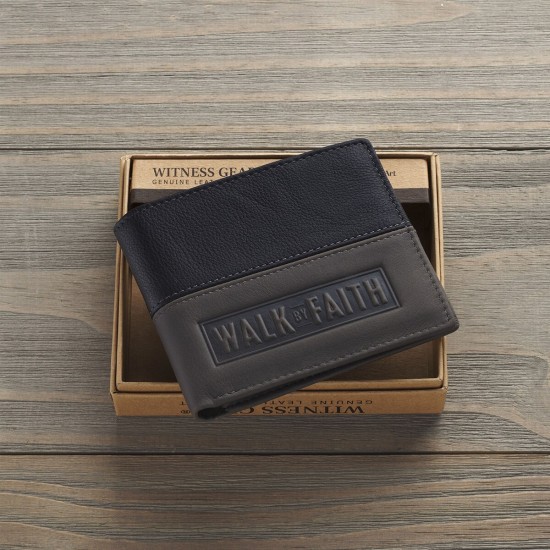 Walk by Faith Black and Gray Full Grain Leather Wallet - 2 Corinthians 5:7